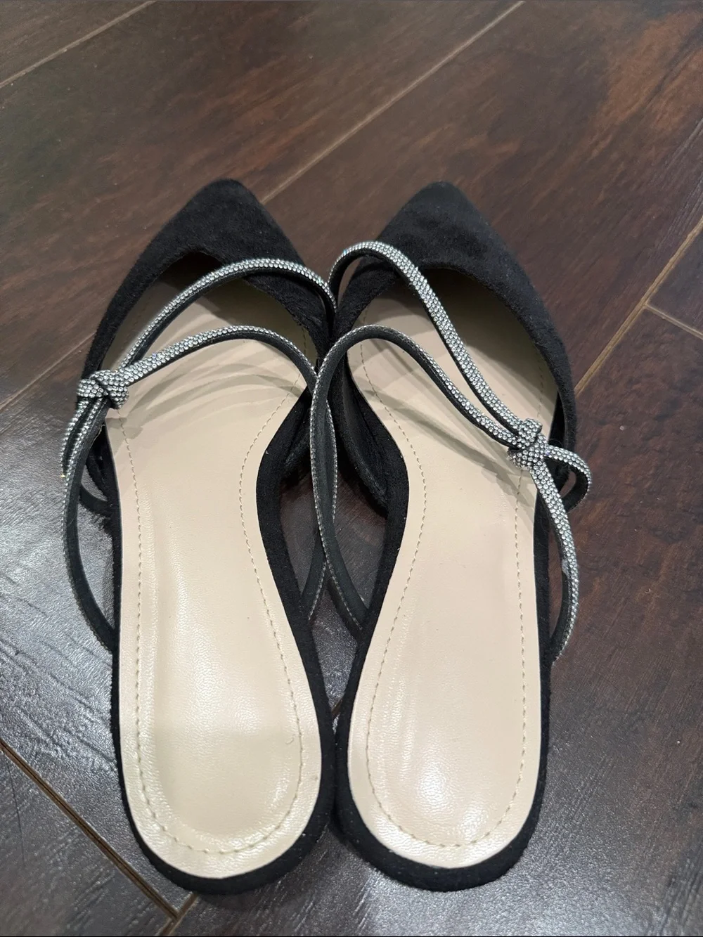 Black suede Pointed Toe Slip-On Mules with Silver Strap